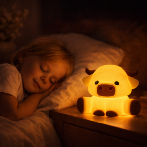 Highland koe nachtlampje met warm licht naast slapend kind